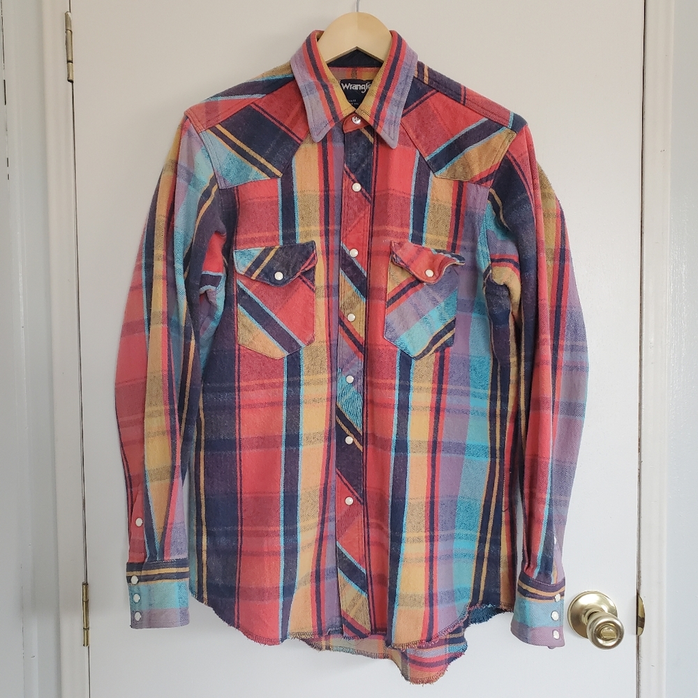 Wrangler Cotton Pearl Snap Shirt Men's 16-35 Regular X-Long Tail Plaid Colorful